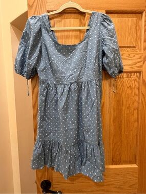 LOFT Blue Puff-Sleeve Eyelet Dress